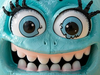 Close-up of a cute monster with a kind smile all over his mouth. Illustration for cover, card, postcard, interior design, banner, poster, brochure or presentation. - 796980485