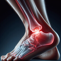 A 3D illustration depicts a human foot with highlighted pain in the ankle joint.