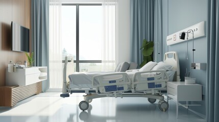 Patient room interior view with bed and equipment in a hospital.