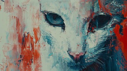 A painting, it shows a close-up of a cat's face with the angry, aggressive look of a predator. Illustration for cover, card, postcard, interior design, poster, brochure or presentation. - 796980845
