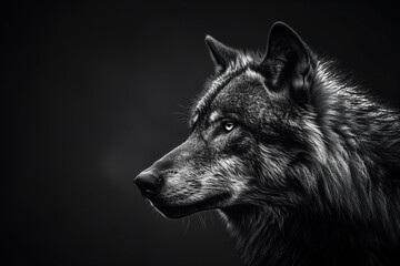 Monochrome Wolf Portrait Against Black Background