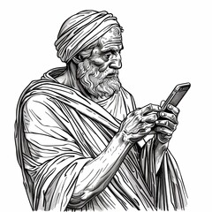 An ancient elder with a smartphone in his hand. An elderly man looking at something on the screen of a cell phone. Imitation of a sketch print. Illustration for cover, card, poster, brochure, etc. - 796981069