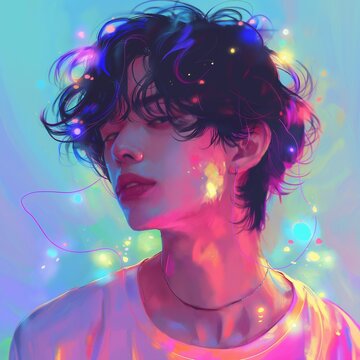 Una linda imagen de un chico muy guapo con manchones de pintura ne&oacute;n por todo su cuerpo