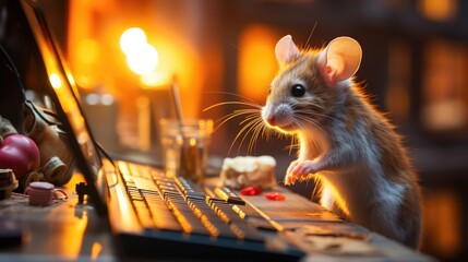 The mouse is sitting at the keyboard and looking at the monitor. The funny rat is smiling. A pet in a cozy atmosphere. Illustration for varied design. - 796981240