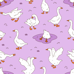 Goose seamless pattern. Cute cartoon ducks background. Hand drawn vector illustration. Texture for print, textile, fabric. - obrazy, fototapety, plakaty