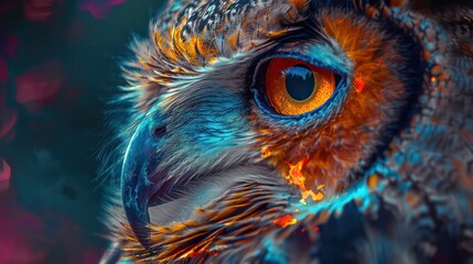 Naklejka premium Abstract animal Owl portrait with colorful double exposure paint