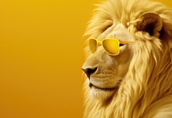 Lion with glasses. Close-up portrait of a lion. An anthopomorphic creature. A fictional character for advertising and marketing. Humorous character for graphic design. - 796981426