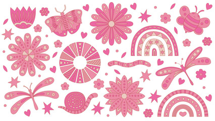 Pink boho clipart with flowers, butterflies, and rainbows. 70s hippie elements. Bundle of illustrations for nursery. Isolated vector. Hand drawn linear vector elements for wrapping paper, and fabric..