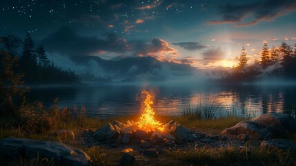 Fototapeta premium Starry Night Bonfire, generative ai