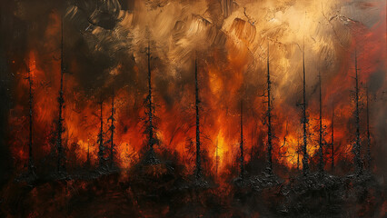 a row of pine trees burning in a horrific wildfire, abstract painting of climate change