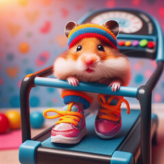 Cute hamster in sportswear running the wrong way on a miniature treadmill, colorful background.