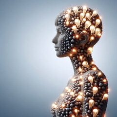 Conceptual digital art of a human silhouette with illuminated bulbs, symbolizing ideas and innovation.