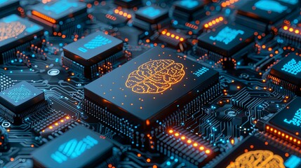 Electronic circuit board or scheme close up. The concept of artificial intelligence. An abstract button designed as a glowing brain. Turn on your mind energy. Technologies of the future. Illustration. - 796982011
