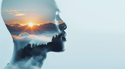 Double exposure combines a man's face, high mountains and forest. Panoramic view. The concept of the unity of nature and man. Dream, reminisce or plan a climb. Memory of a mountaineer. Illustration. - 796982056