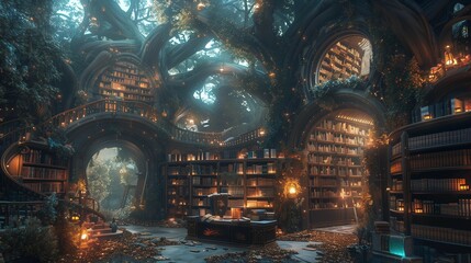 Obraz premium Enchanted Forest Library of Ancient Runes, generative ai