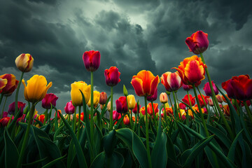A mesmerizing composition of colorful tulips against a dark, dramatic sky.