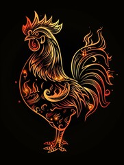 A golden rooster on a black background. A magical creature made of fire.