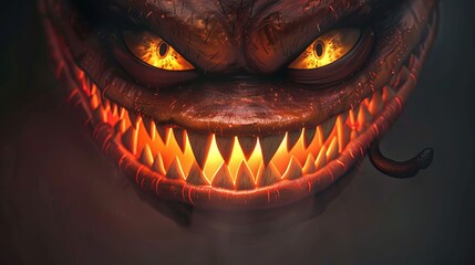 Close-up of the monster with a wicked grin full of sharp teeth. Evil creature. Creepy grimace of a scary character. Illustration for varied design. - 796982427