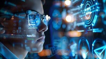 A man in glasses is looking at a computer screen with some glowing data written on it. The concept of focus in work. A programmer is studying the code. Illustration for varied design.