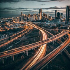 Fototapeta premium A city skyline at night with a web of highways in the foreground.
