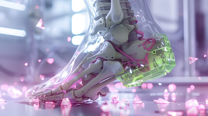 3D visualization of a human ankle surrounded by some strange medical windows and ligaments in the background. concept art. An anatomical model showing parts such as the heel