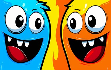Two cartoon monsters with big eyes and big smiles full of teeth. Imitation of a painted picture. Illustration for banner, poster, cover, brochure or presentation.