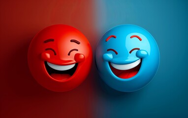 A cute pair of happy and laughing emoticons. The concept of social media and communication. Abstract emotional face. Facial expression. Sphere. Illustration for cover, card, poster or presentation. - 796983068