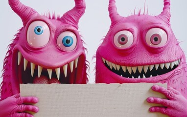 Fototapeta premium Two pink monsters hold a blank card in front of them. They have toothy smiles on their faces. Can be used for advertising, marketing, promotion or presentation.