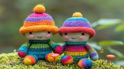 Composition of two dolls sitting in the forest. Toys made of wool on the technology of knitting. Fairy-tale character. Handmade. Illustration for cover, card, postcard, interior design. - 796983253