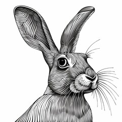 A close-up of the face of a rabbit or hare. Animalism. Imitation sketch print in black and white coloring. Illustration for cover, card, postcard, interior design, decor or print. - 796983402
