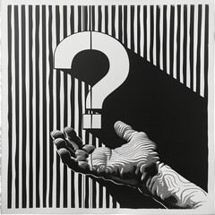 A hand holding a question mark. Searching for answers. Time to think. Black and white image in pencil drawing style. Illustration for poster, cover, brochure or presentation.