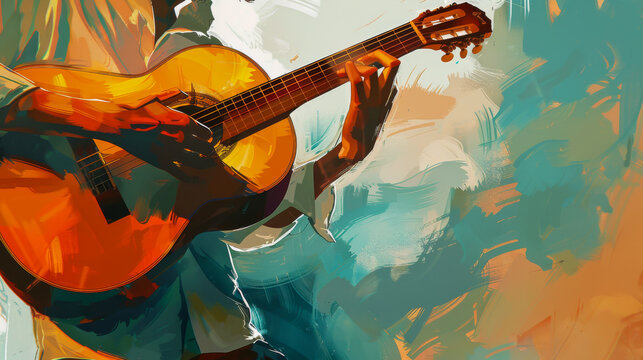 A man is playing a guitar in a painting