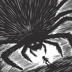 The black-and-white drawing shows a scary giant spider from which a man is running away. The spider is large and menacing, while the man is small and vulnerable. The scene is tense and disturbing. - 796983615