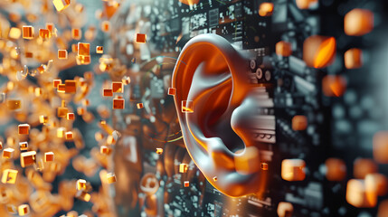 3D visualization of a human ear encased in peculiar medical screens with sound waves in the background. concept art. An anatomical model showing parts such as the eardrum - obrazy, fototapety, plakaty