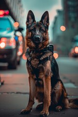 Portrait of a police dog on duty in a large city