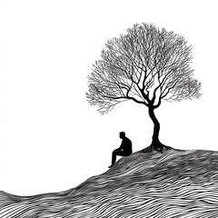 A sad and lonely man sits pensively under a tree. Man thinks about a problem. Time for reflection. Despair, depression or hopelessness concept. Black and white image. Illustration for varied design. - 796983630