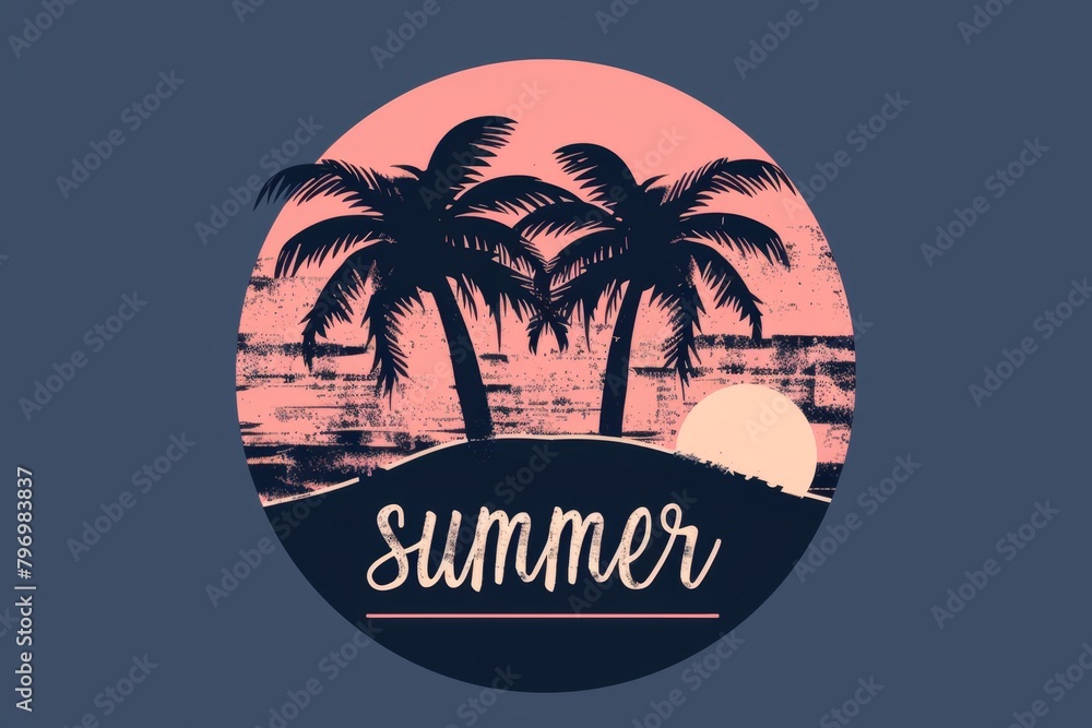 Poster two palm trees silhouetted against the setting sun on an arch shaped background the color palette in