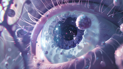 3D visualization of a human eye encompassed by strange medical panels with light rays in the background. concept art. An anatomical model showing parts such as the cornea - obrazy, fototapety, plakaty