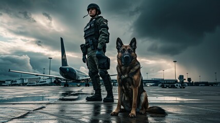 Portrait of a police dog on duty in a large city airport