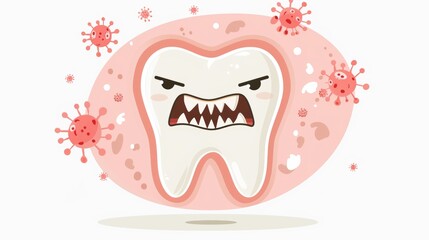 Cute cartoon character of tooth surrounded by bacteria and virus.