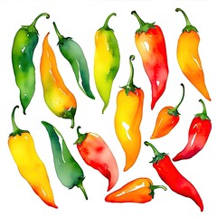 A delightful mix of red and green peppers, perfect for culinary themes. Playful and colorful depiction of peppers in a watercolor medium.
