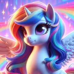 Colorful animated unicorn with rainbow mane and twinkling stars, set against a vibrant pastel background.