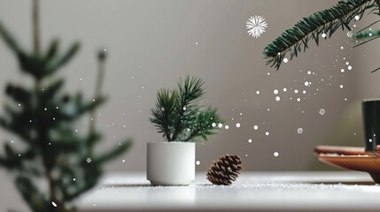  Minimalistic Christmas setting with pine branches and a cone on a white table.