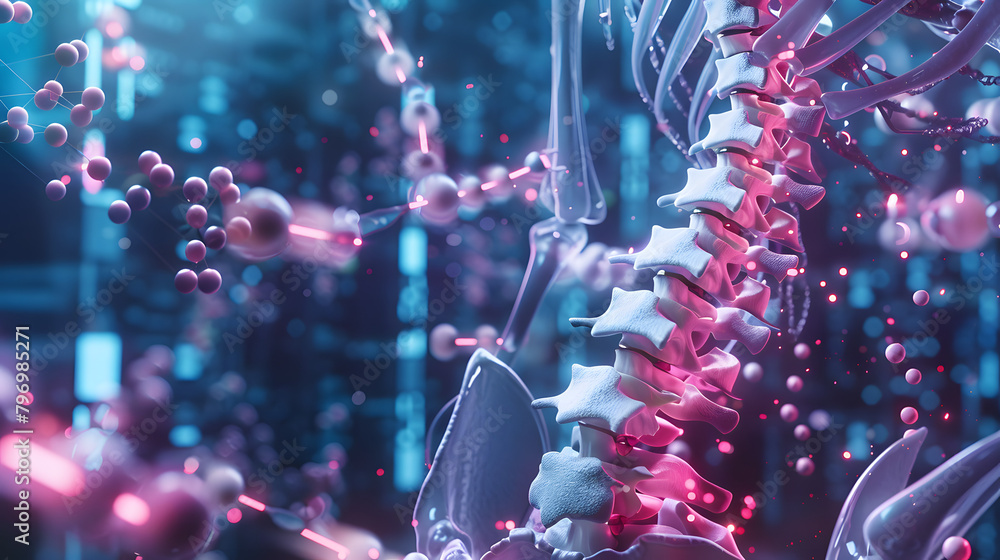 Poster 3d visualization of a human spine surrounded by some strange medical windows and nerve signals in th