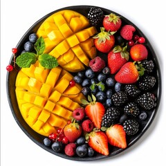 Exotic fruits set with sliced mango, pitahaya, strawberries, blackberries, blueberries and cape gooseberries