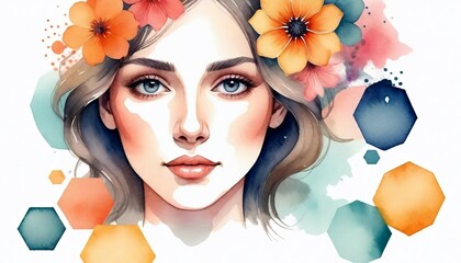 Watercolor floral background with a woman portrait and abstract shapes hexagons. Hand-drawn illustration created with generative ai