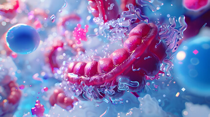 3D visualization of a human stomach enveloped by unusual medical screens with gastric juices flowing in the background. concept art. An anatomical model showing parts such as the esophagus - obrazy, fototapety, plakaty