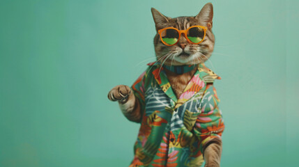 Cat wearing colorful clothes and sunglasses