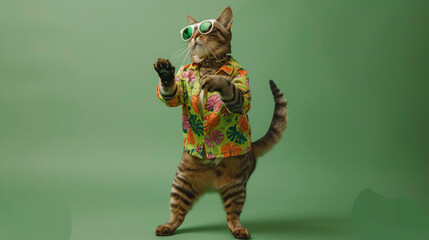 Cat wearing colorful clothes and sunglasses