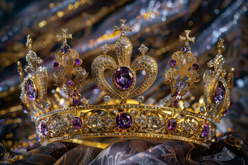 An ornate golden crown with amethysts and diamonds, a symbol of royalty and grandeur
